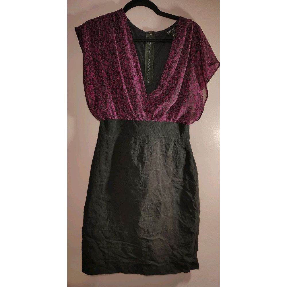 Nicole by Nicole Miller Dress 8 Paisley Purple Black Bodycon Midi